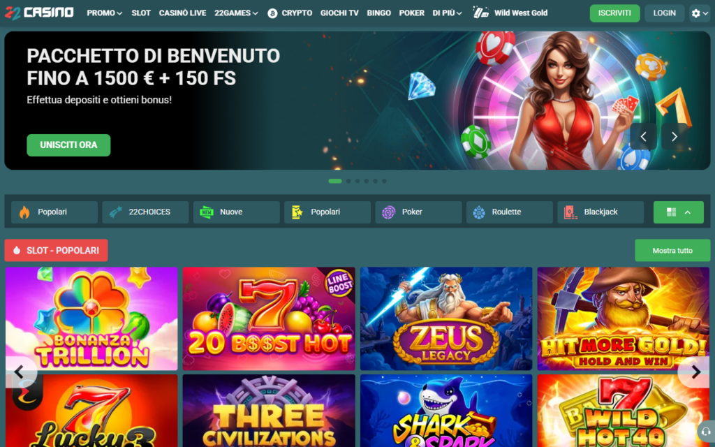 22Casino home page