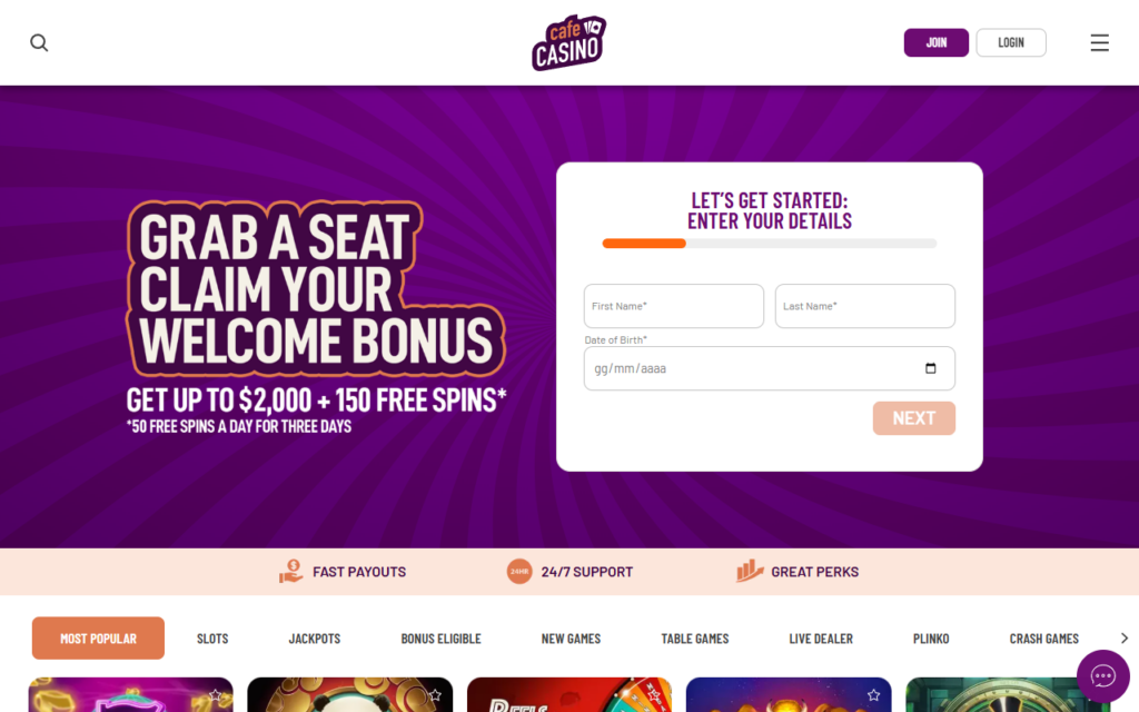 Cafe Casino home page
