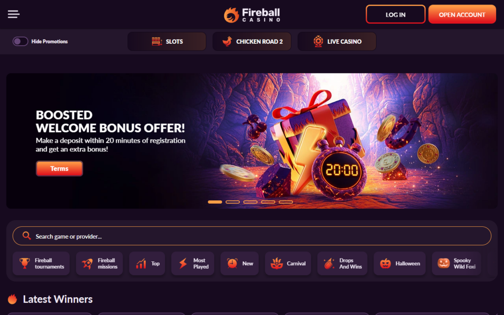 Fireball Casino home page