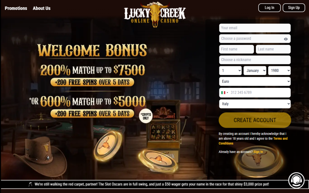 Lucky Creek Casino home page