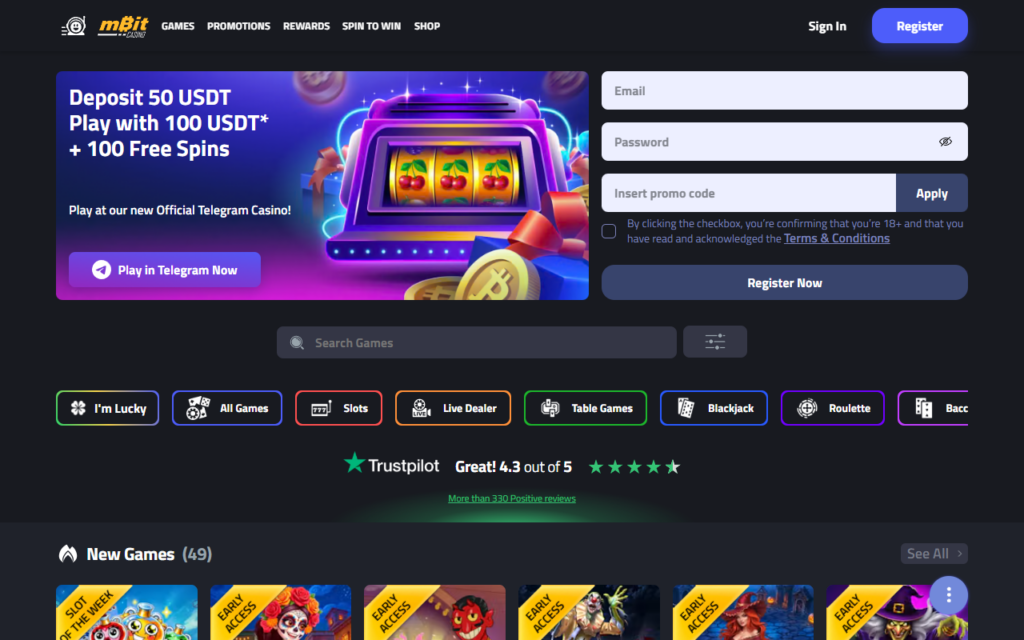 mBit Casino home page